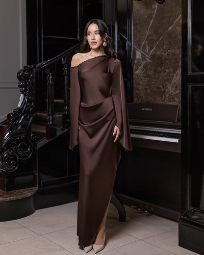 Celeste Brown Satin Asymmetric One-Shoulder Midi Dress