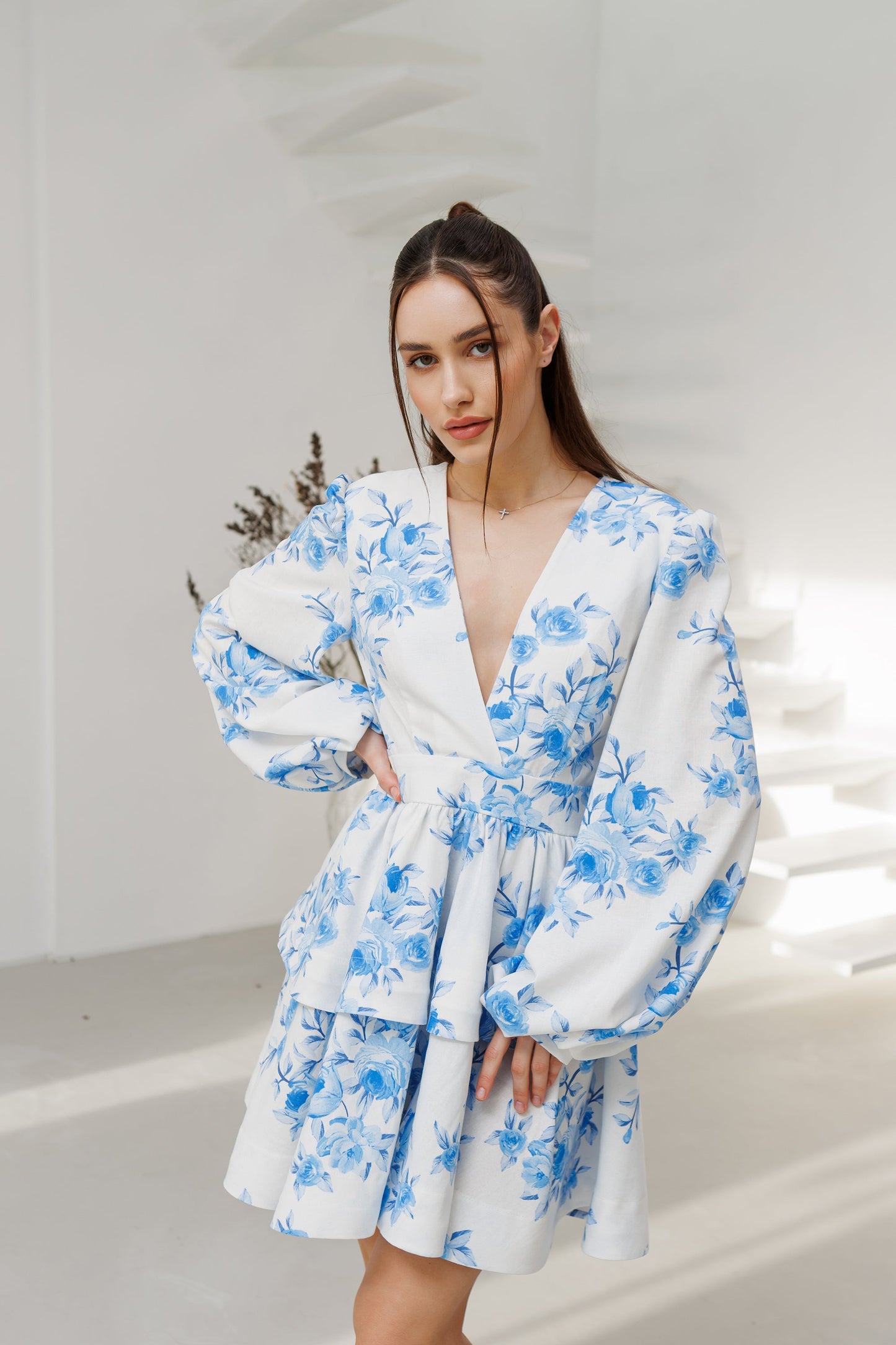Blue Floral-Print V-Neck Puff Sleeve Mini Dress