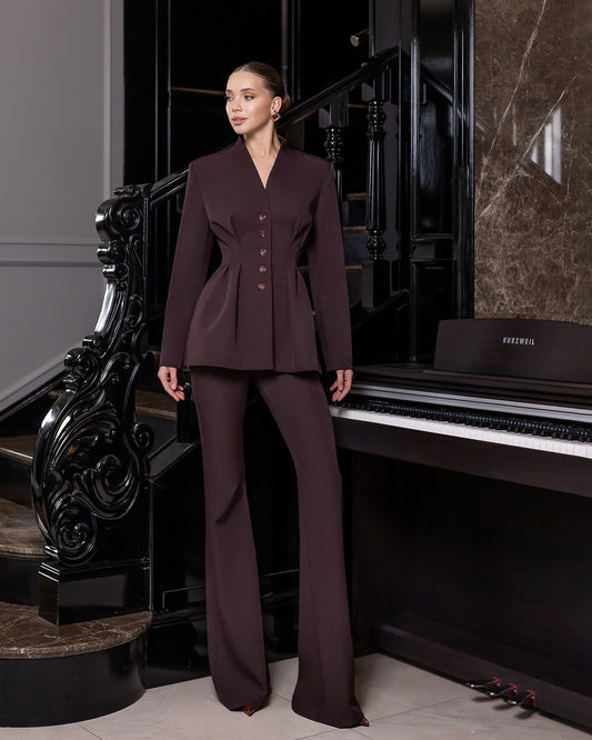 Serena Brown Single-Breasted Sculpted-Waist Suit 2-Piece