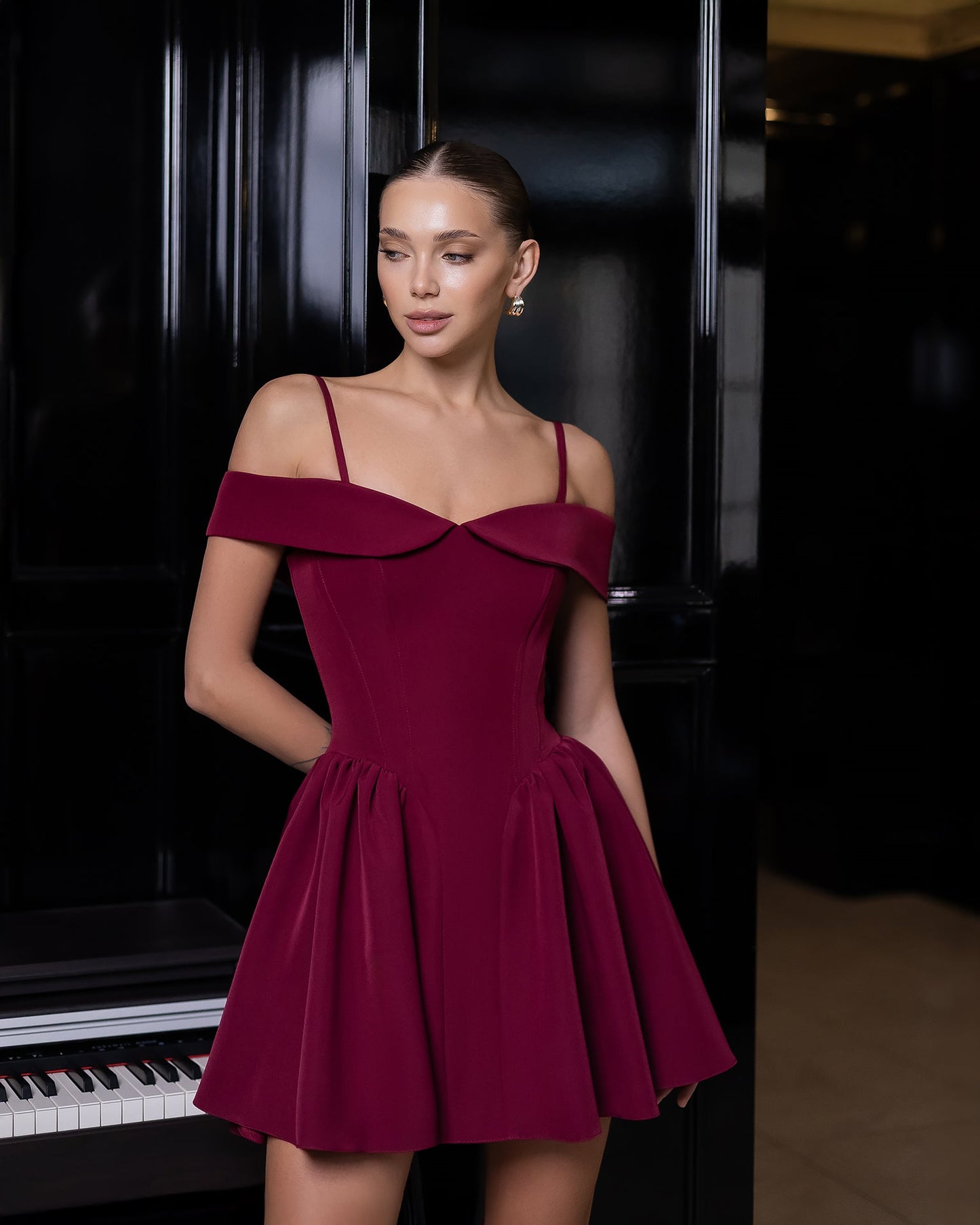 Bordeuax Off-The-Shoulder Mini Dress