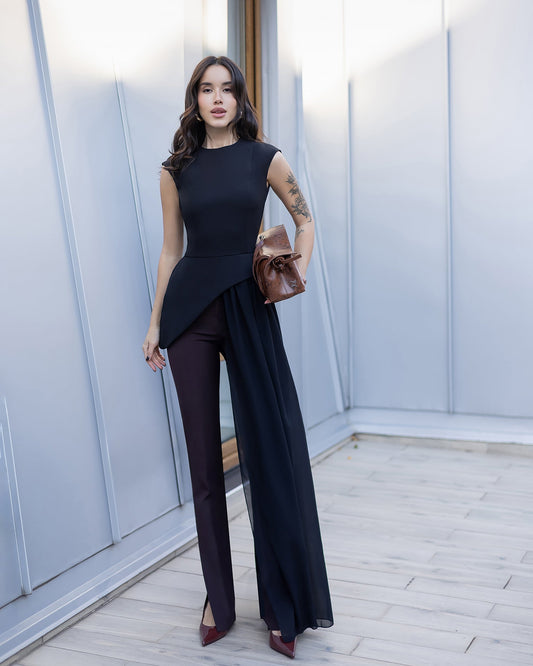 Serena Black Asymmetric Overlay Waist Top