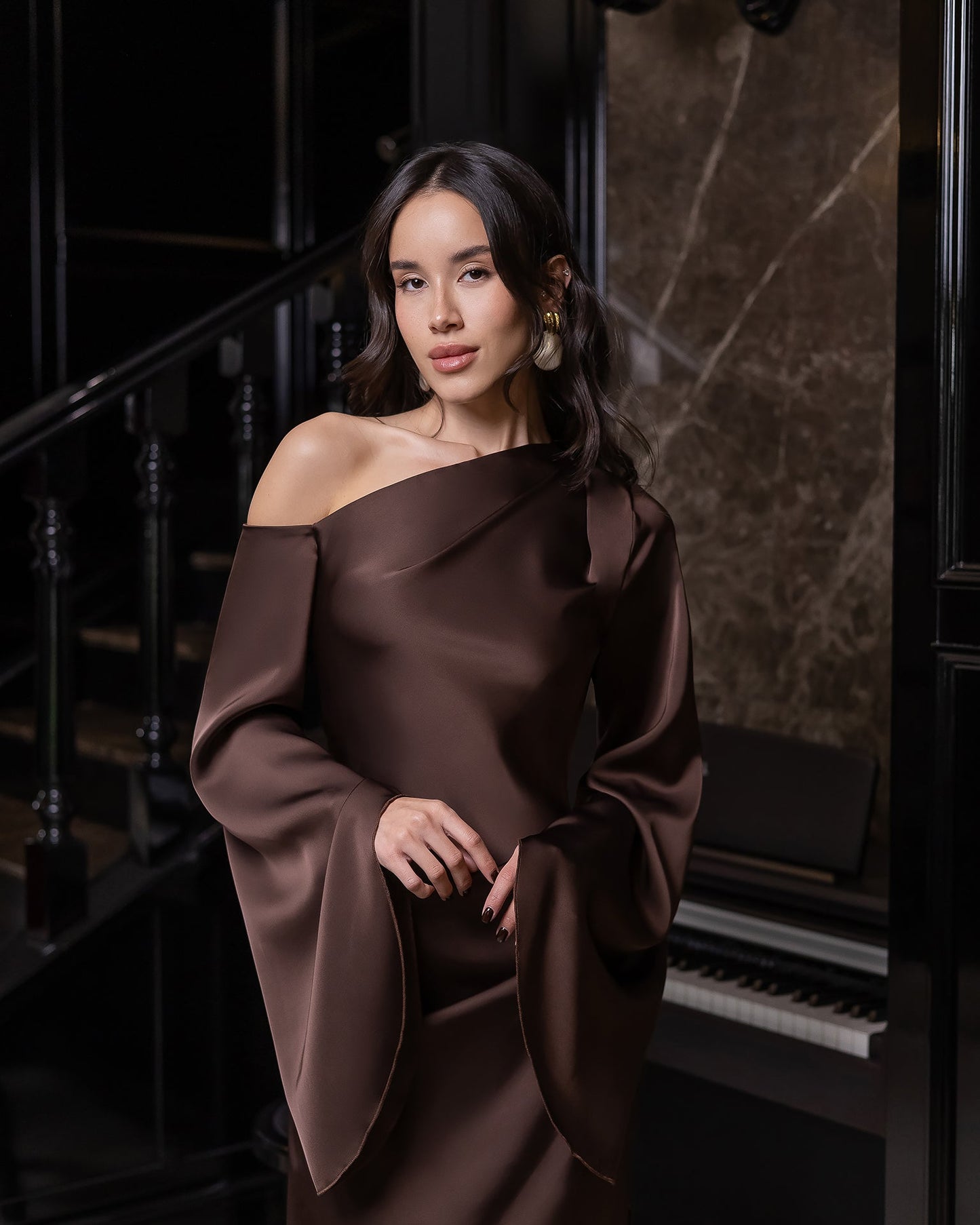 Celeste Brown Satin Asymmetric One-Shoulder Midi Dress