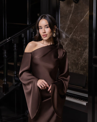 Celeste Brown Satin Asymmetric One-Shoulder Midi Dress