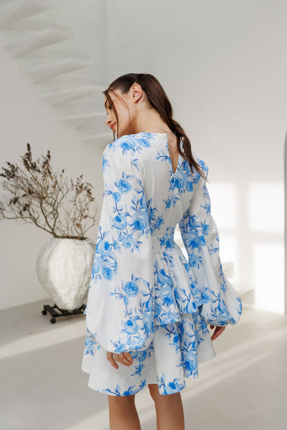 Blue Floral-Print V-Neck Puff Sleeve Mini Dress