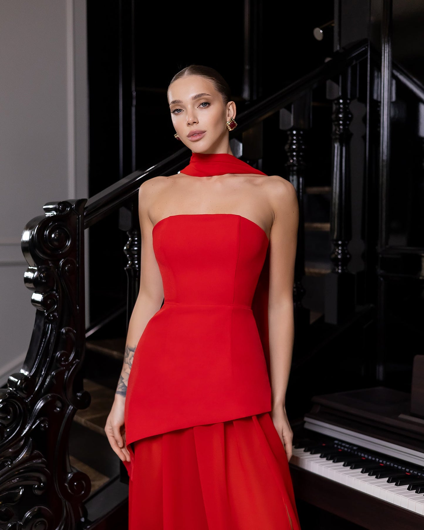 Red Strapless Back Scarf Overskirt Maxi Dress