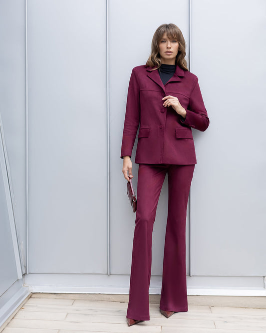 Serena Bordeaux Suede Tailored Blazer & Flared Pants Suit 2-Piece