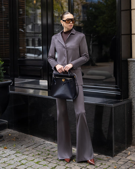 Serena Grey Suede Tailored Blazer & Flared Pants Suit 2-Piece