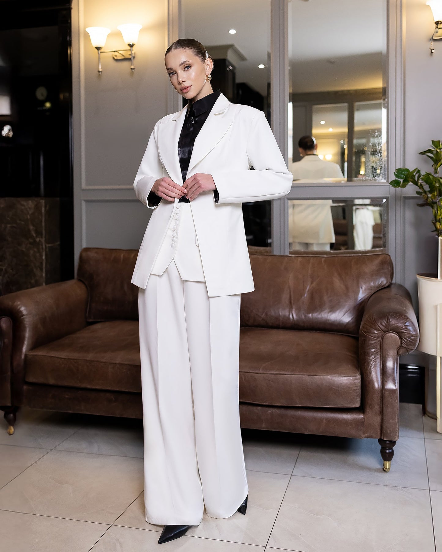 Liora White Tailored Peplum-Waist Suit 2-Piece