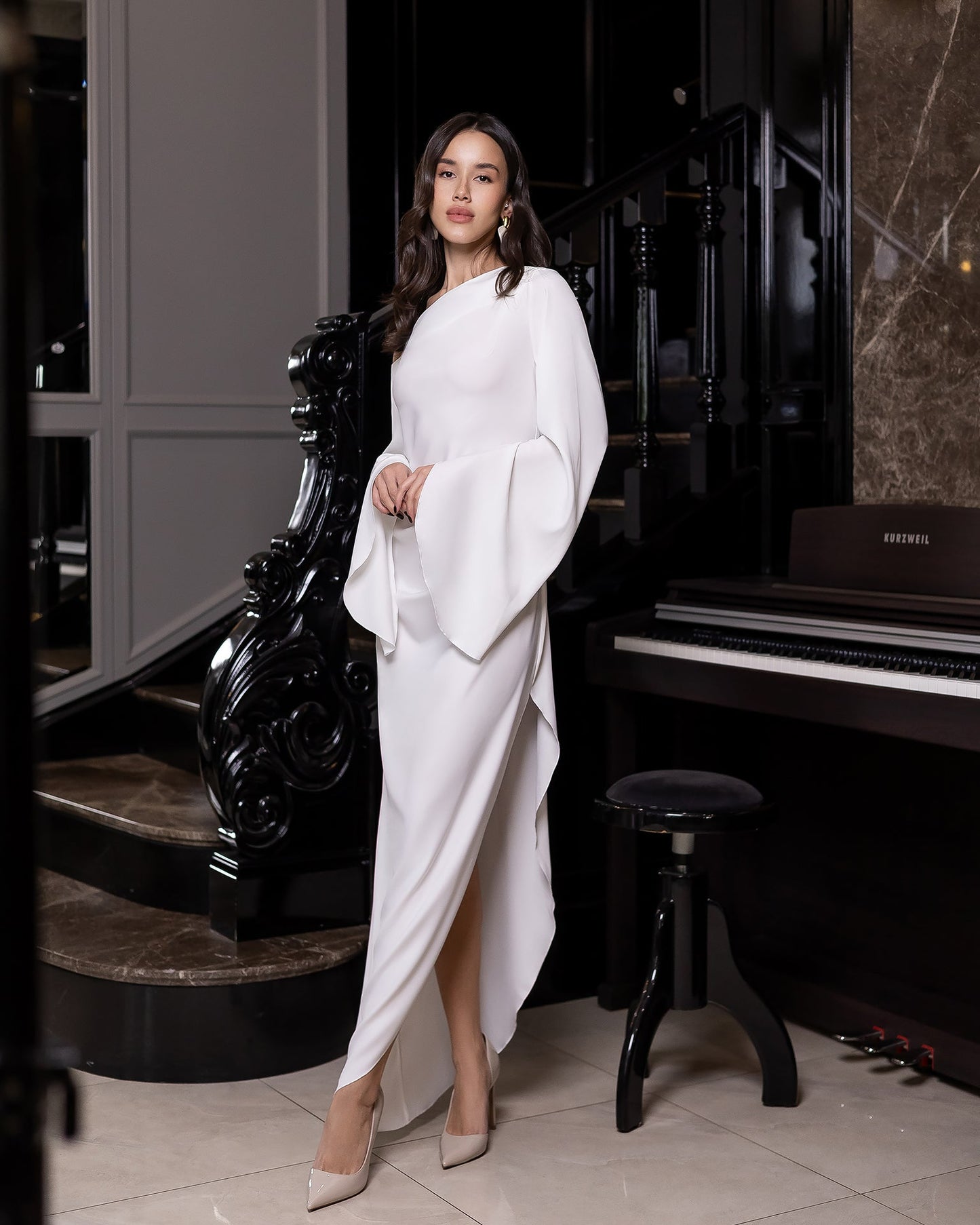 Celeste White Satin Asymmetric One-Shoulder Midi Dress