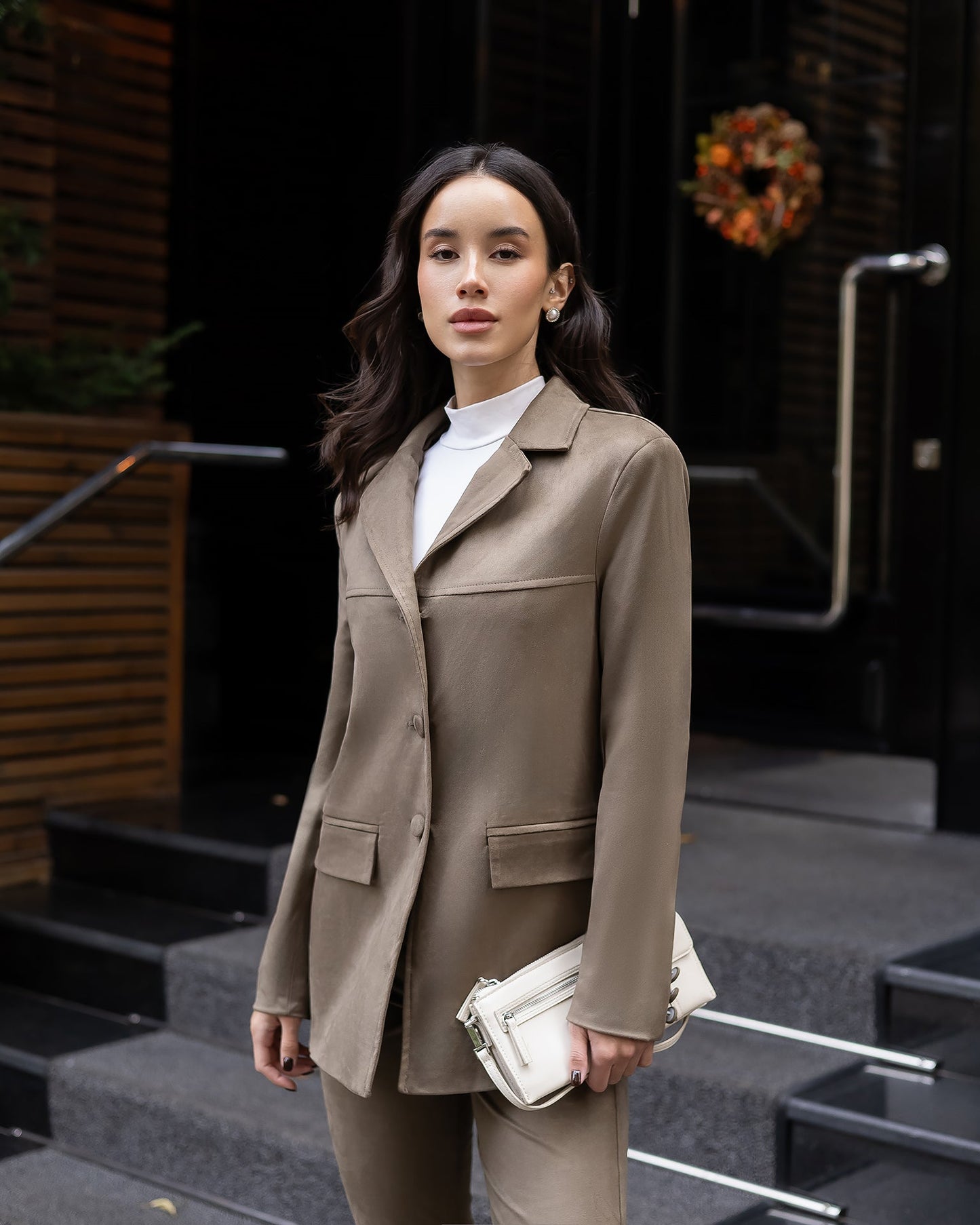 Serena Khaki Suede Tailored Blazer & Flared Pants Suit 2-Piece