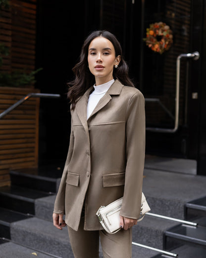 Serena Khaki Suede Tailored Blazer & Flared Pants Suit 2-Piece