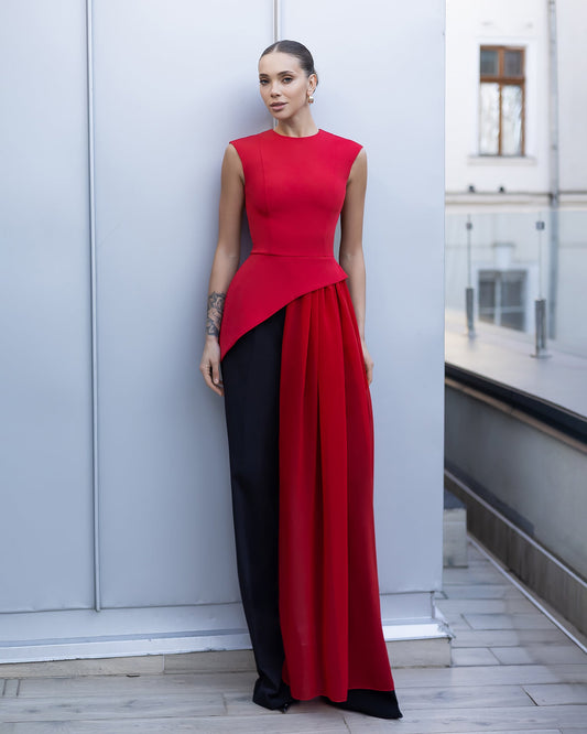 Serena Red Asymmetric Overlay Waist Top