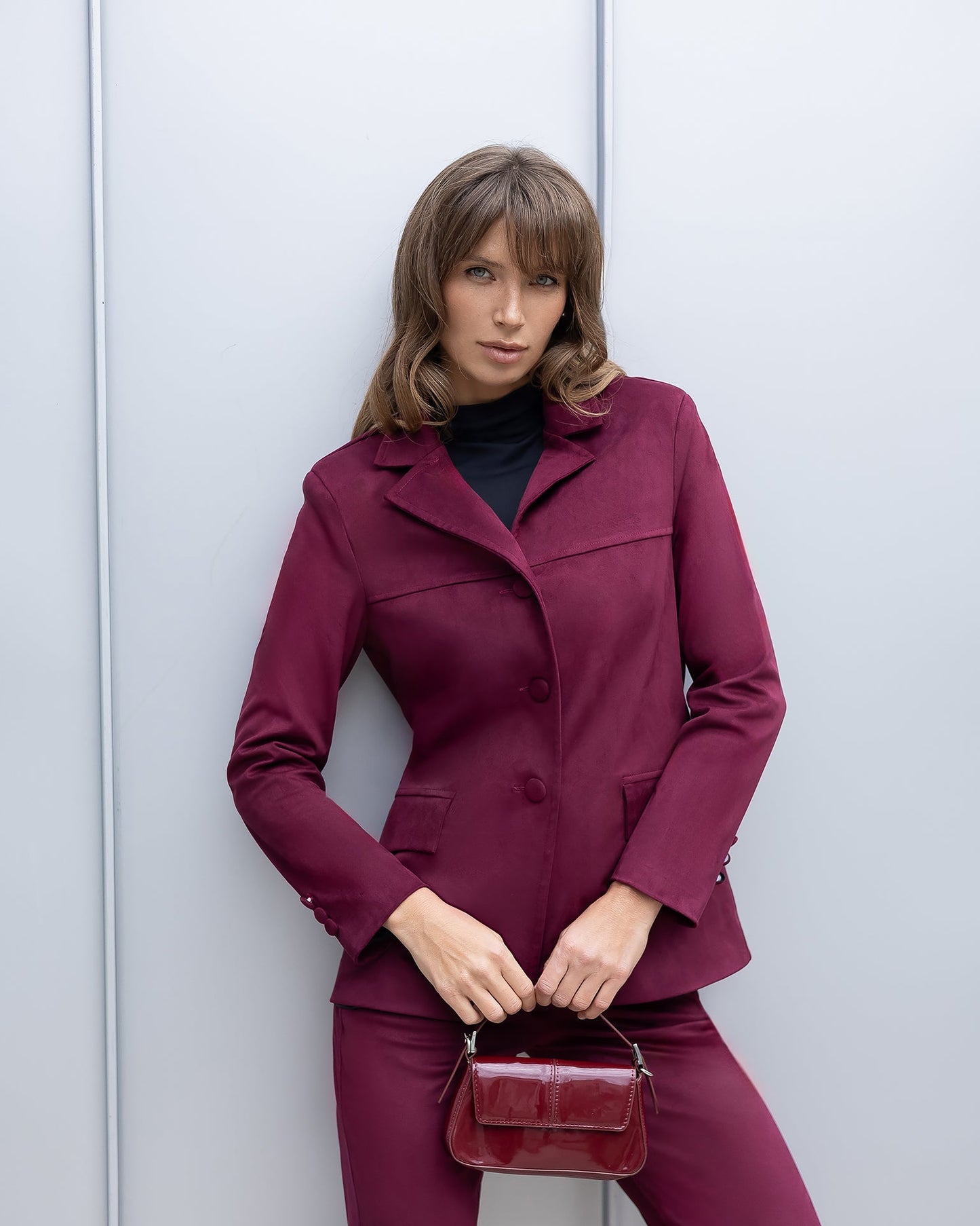 Serena Bordeaux Suede Tailored Blazer & Flared Pants Suit 2-Piece