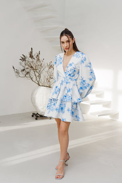 Blue Floral-Print V-Neck Puff Sleeve Mini Dress