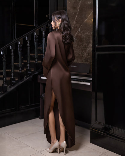 Celeste Brown Satin Asymmetric One-Shoulder Midi Dress