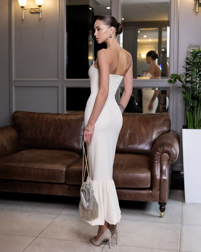 Bella Beige Strapless Ruffled-Hem Mermaid Midi Dress