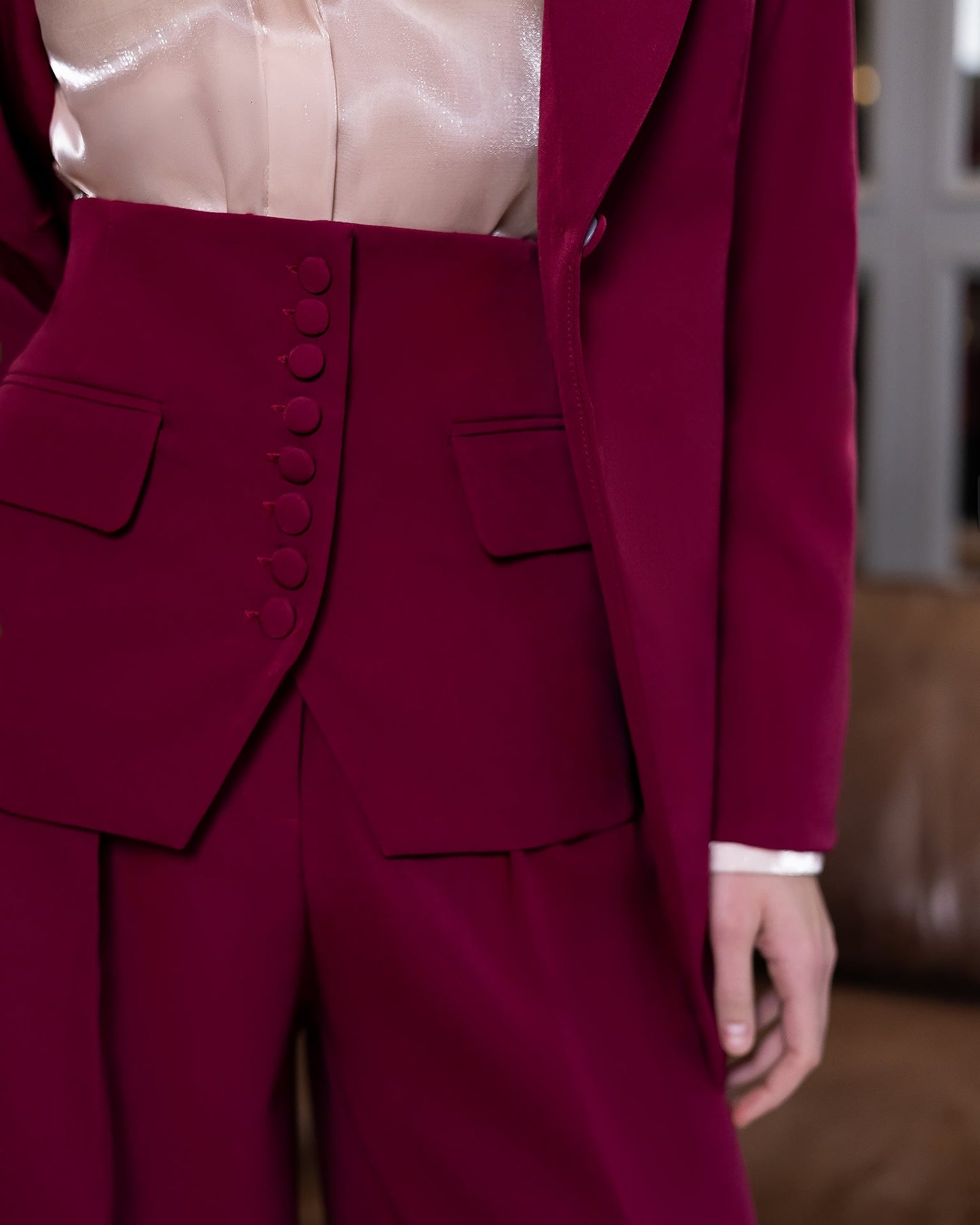 Liora Bordeaux Tailored Peplum-Waist Suit 2-Piece