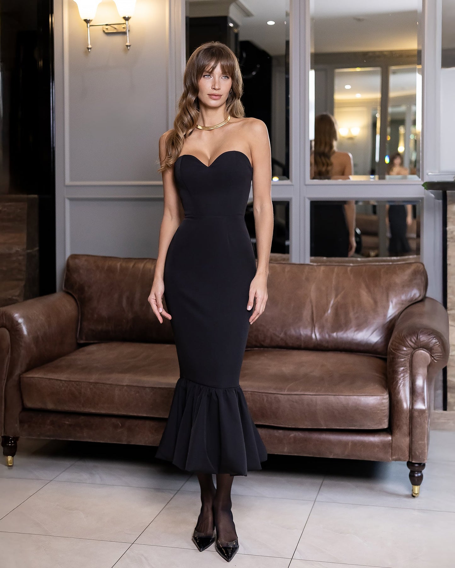 Bella Black Strapless Ruffled-Hem Mermaid Midi Dress