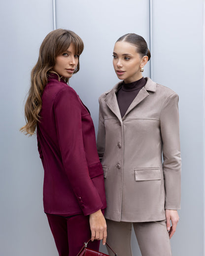 Serena Beige Suede Tailored Blazer & Flared Pants Suit 2-Piece