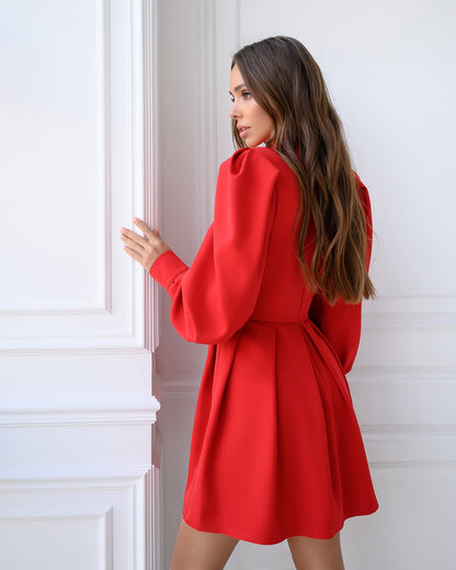 Red Puff-Sleeve V-Neck Mini Dress