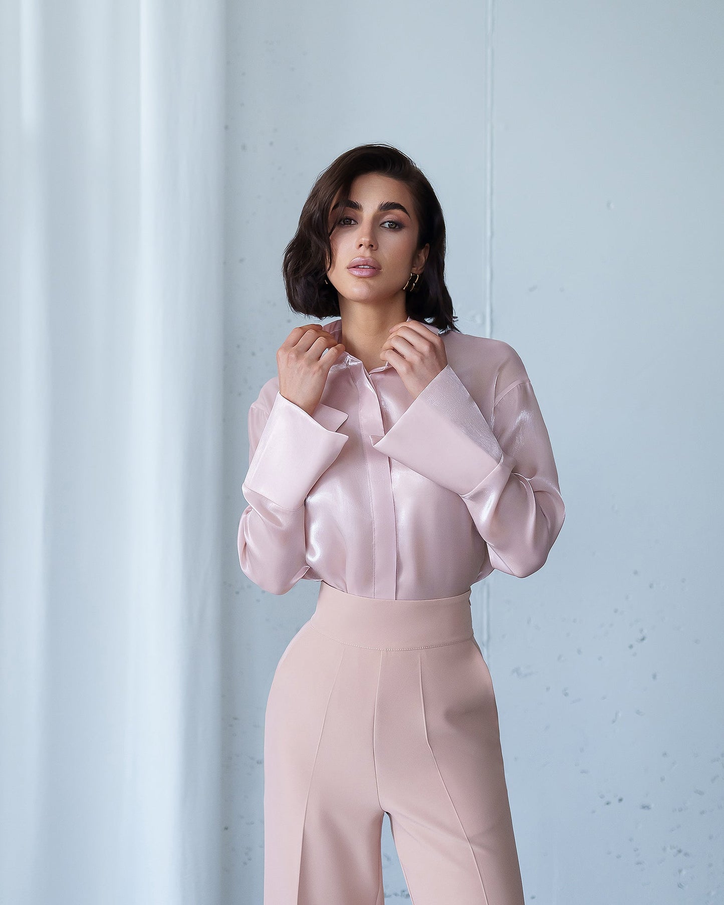 Bella Dusty Pink Organza Concealed Button-Up Blouse