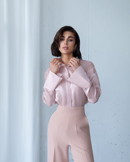 Bella Dusty Pink Organza Concealed Button-Up Blouse