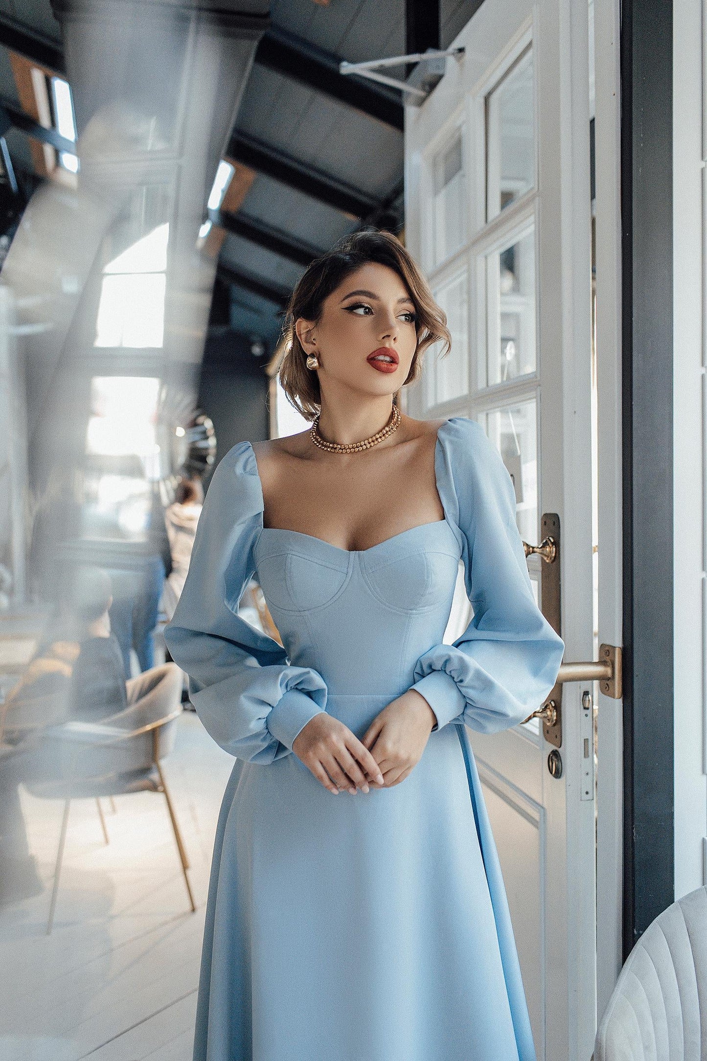 Sky-Blue Puff-Sleeve Midi Dress