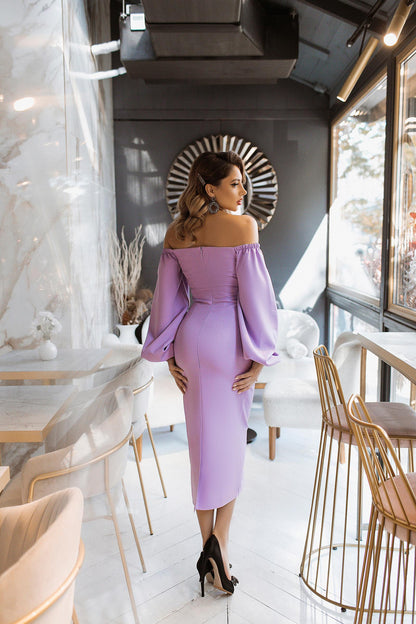 Lavender Puff-Sleeve Midi Dress