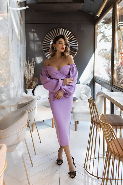 Lavender Puff-Sleeve Midi Dress