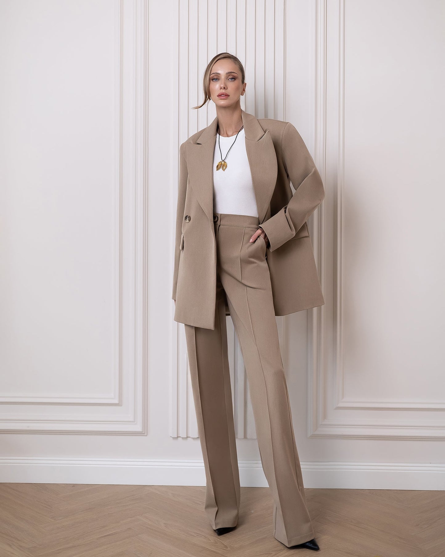 Liora Beige Oversized Double-Breasted Suit 2-Piece