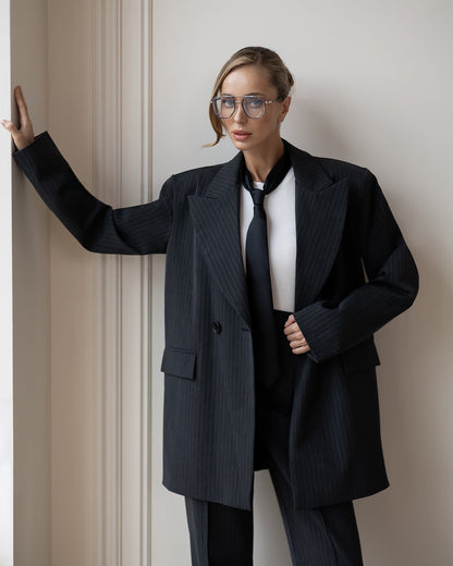 Liora Grey Striped Oversized Double-Breasted Suit 2-Piece