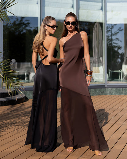 Liora Brown Satin One-Shoulder Backless Maxi Dress