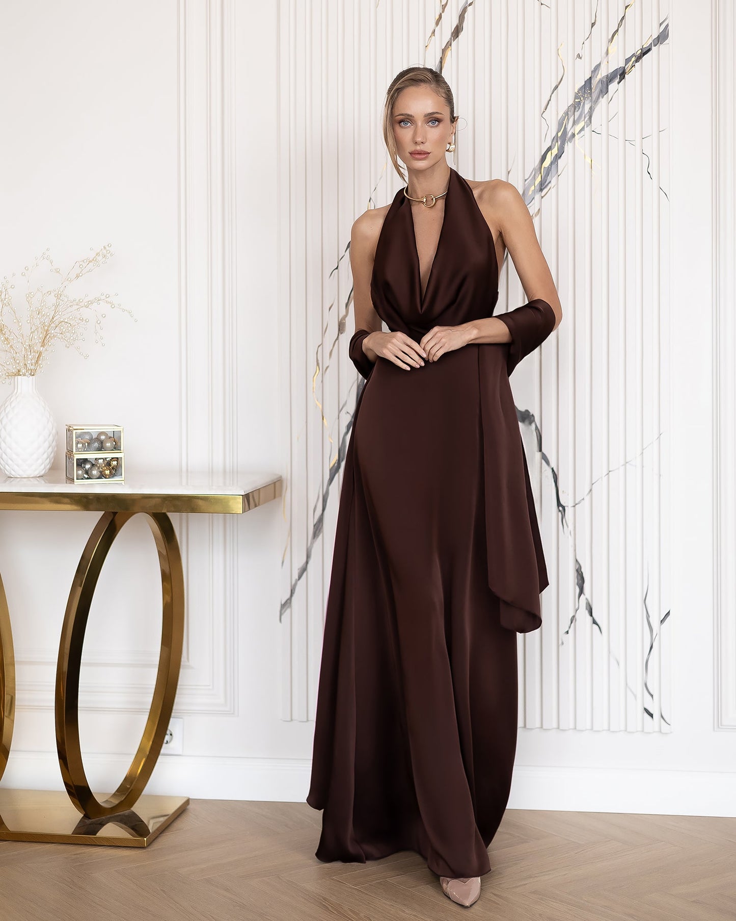 Céline Brown Satin Drape Halter-Neck Backless Maxi Dress