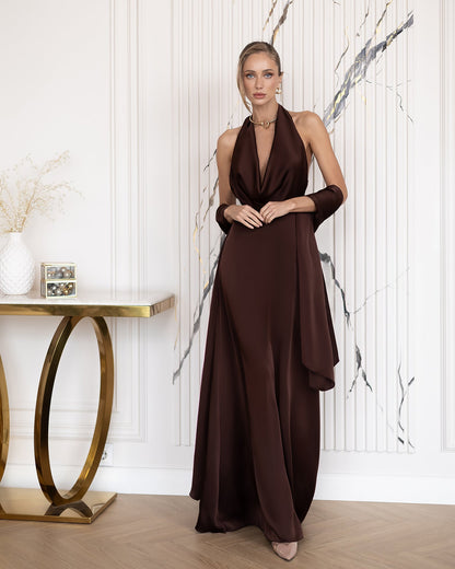 Céline Brown Satin Drape Halter-Neck Backless Maxi Dress