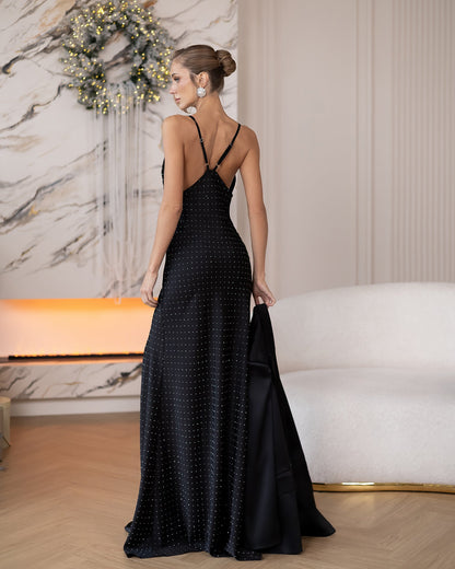 Paola Black Satin V-Neck Crystal-Detail Slip Maxi Dress