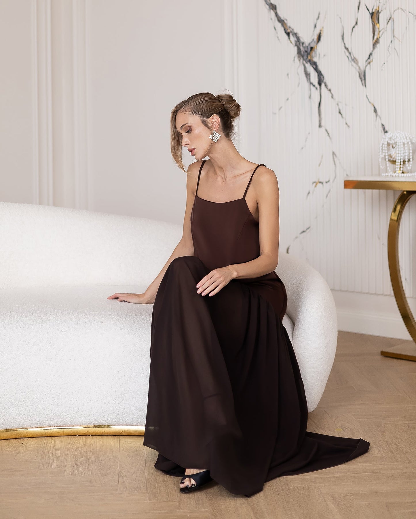 Monica Brown Satin Spaghetti-Strap Dropped-Waist Maxi Dress