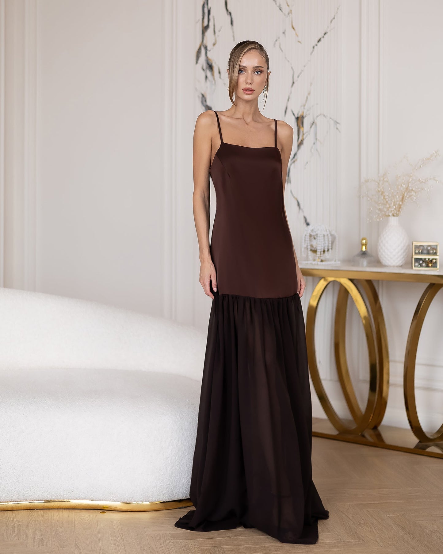Monica Brown Satin Spaghetti-Strap Dropped-Waist Maxi Dress