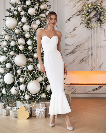 Bella White Strapless Ruffled-Hem Mermaid Midi Dress