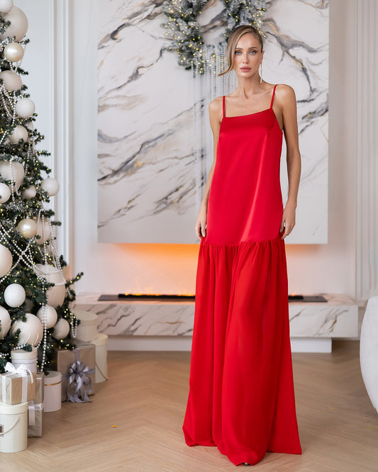 Monica Red Satin Spaghetti-Strap Dropped-Waist Maxi Dress