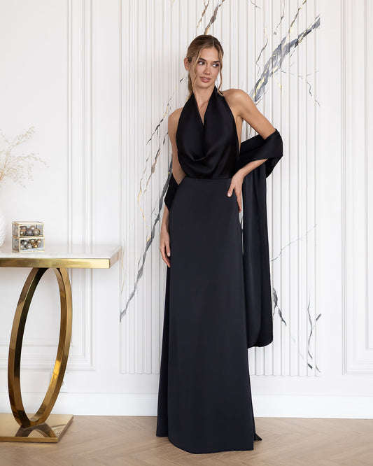 Céline Black Satin Drape Halter-Neck Backless Maxi Dress