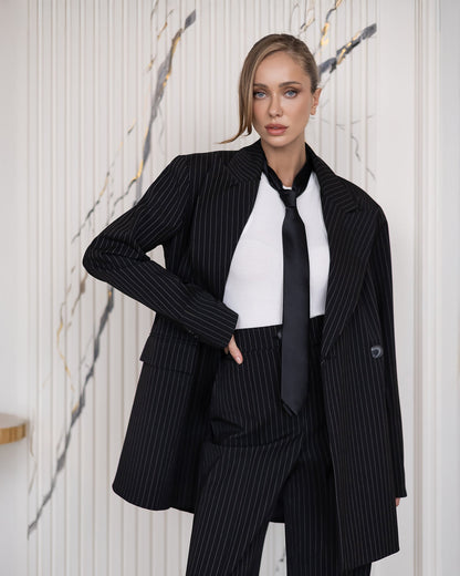 Liora Black Striped Oversized Double-Breasted Suit 2-Piece
