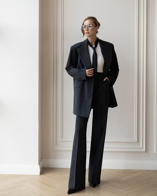 Liora Grey Striped Oversized Double-Breasted Suit 2-Piece