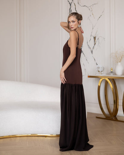 Monica Brown Satin Spaghetti-Strap Dropped-Waist Maxi Dress