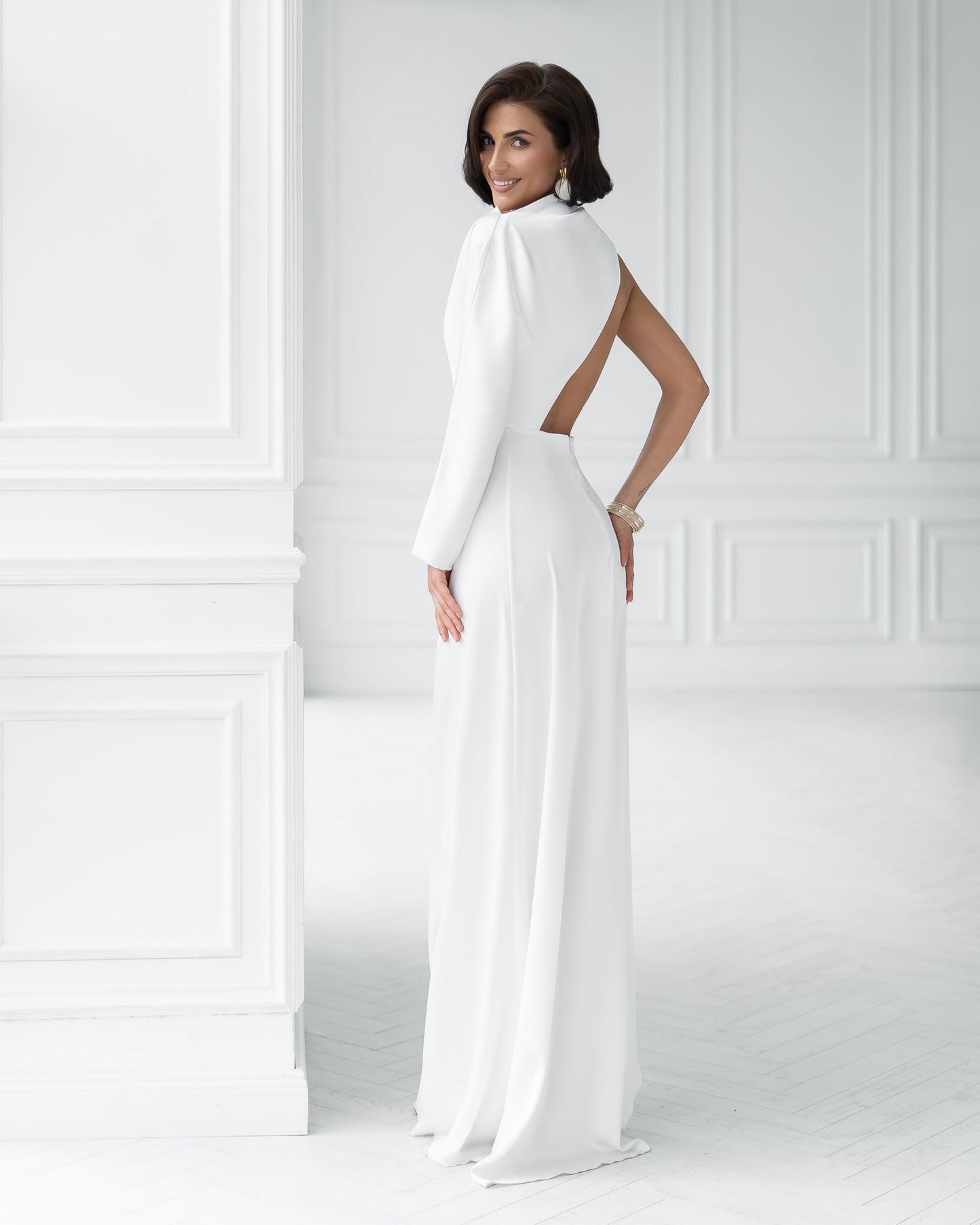 White Satin Draped Neck One-Shoulder Maxi Dress