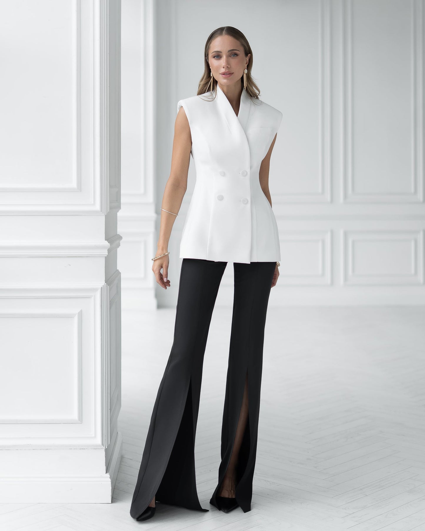 Serena White Collarless Double-Breasted Blazer