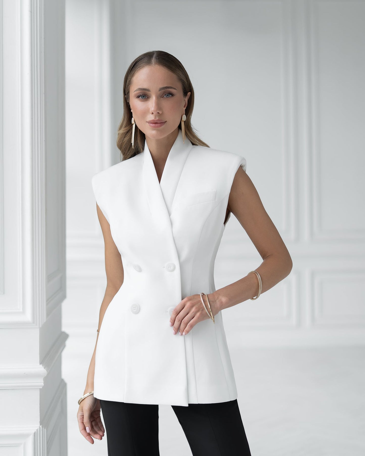 Serena White Collarless Double-Breasted Blazer