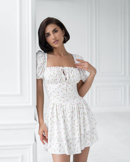 Léa White Floral Print Square-Neck Mini Dress