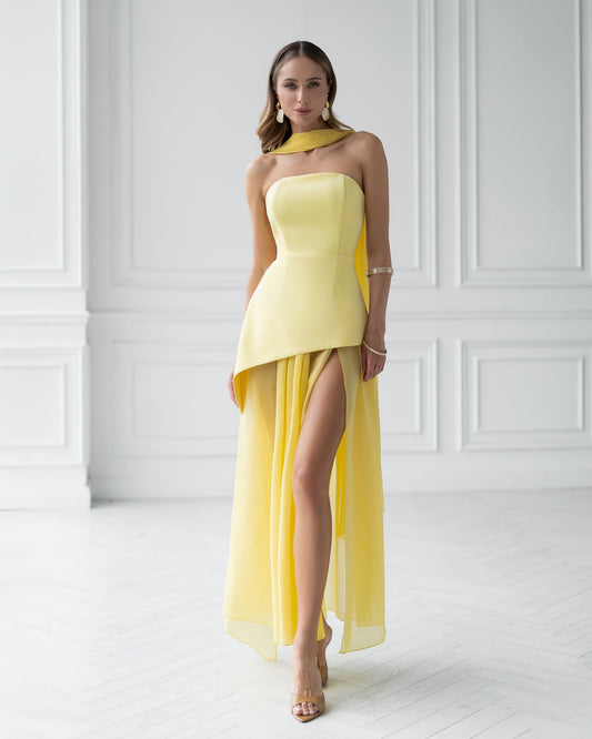 Yellow Strapless Back Scarf Overskirt Maxi Dress