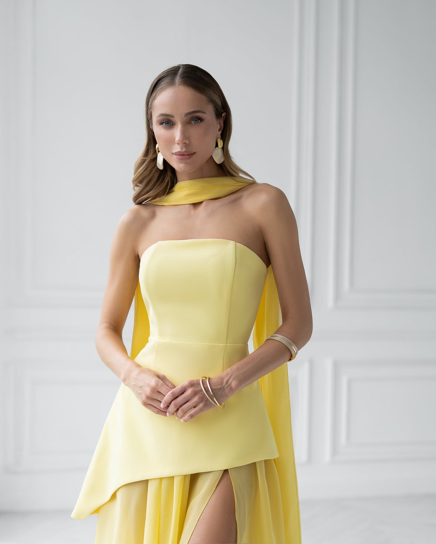 Yellow Strapless Back Scarf Overskirt Maxi Dress
