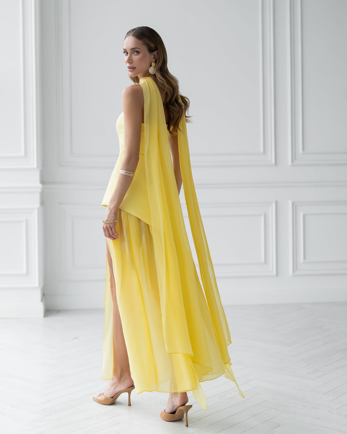 Yellow Strapless Back Scarf Overskirt Maxi Dress